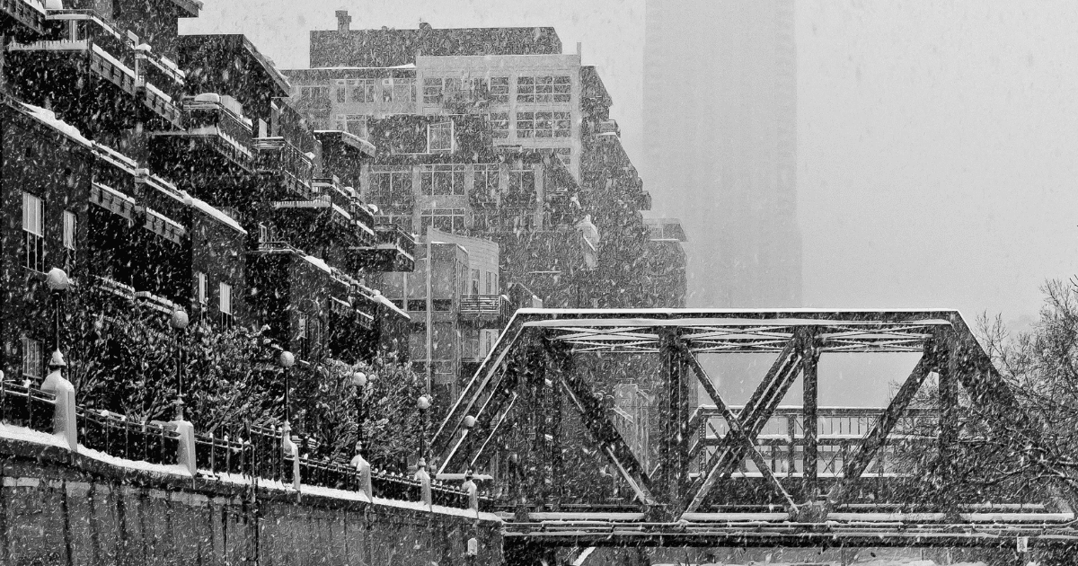Downtown denver commercial building exterior in a snowstorm