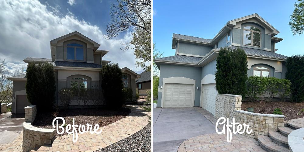 Front of stucco home before and after rhino shield.